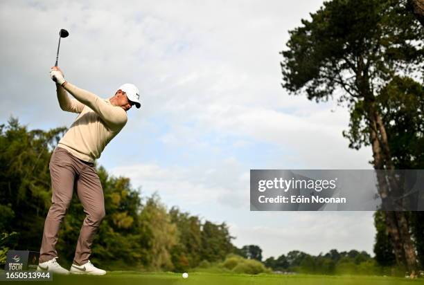 Kildare , Ireland - 7 September 2023; Rory McIlroy of Northern Ireland plays his tee shot on the 17th hole during day one of the Horizon Irish Open...