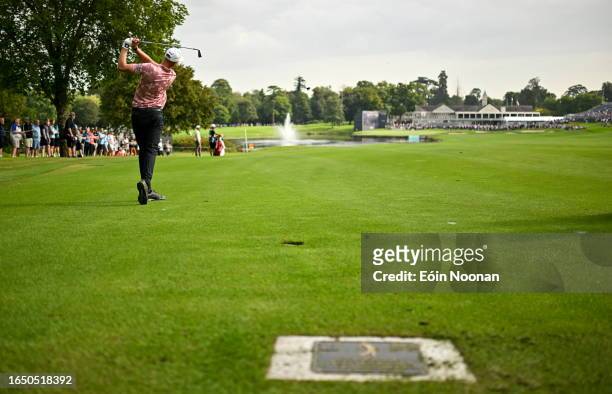Kildare , Ireland - 7 September 2023; Adrian Meronk of Poland watches his second shot on the 18th during day one of the Horizon Irish Open Golf...
