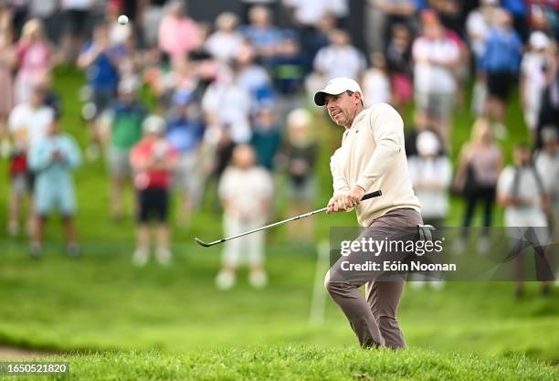 Kildare , Ireland - 7 September 2023; Rory McIlroy of Northern Ireland plays his third shot on the 18th hole during day one of the Horizon Irish Open...