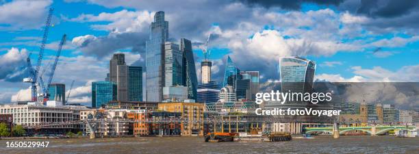 city of london financial district skyscrapers overlooking river thames panorama - london cityscape stock pictures, royalty-free photos & images