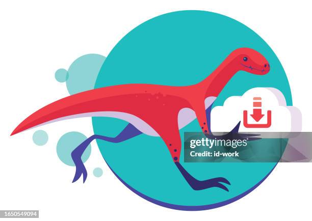 stockillustraties, clipart, cartoons en iconen met velociraptor carrying cloud with downloading icon and running - jogger face