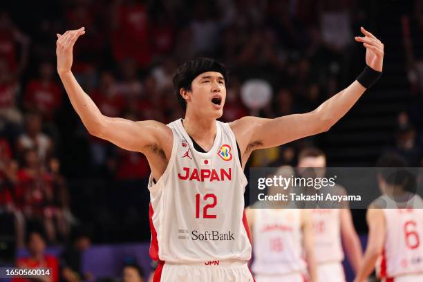 Yuta Watanabe of Japan reacts during the FIBA Basketball World Cup Classification 17-32 Group O game between Japan and Venezuela at Okinawa Arena on...
