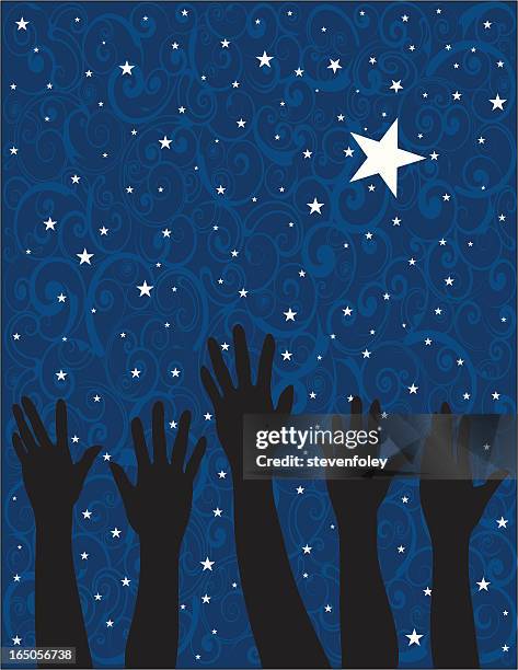 drawing of silhouette hands reaching up to a star filled sky - reach stars stock illustrations