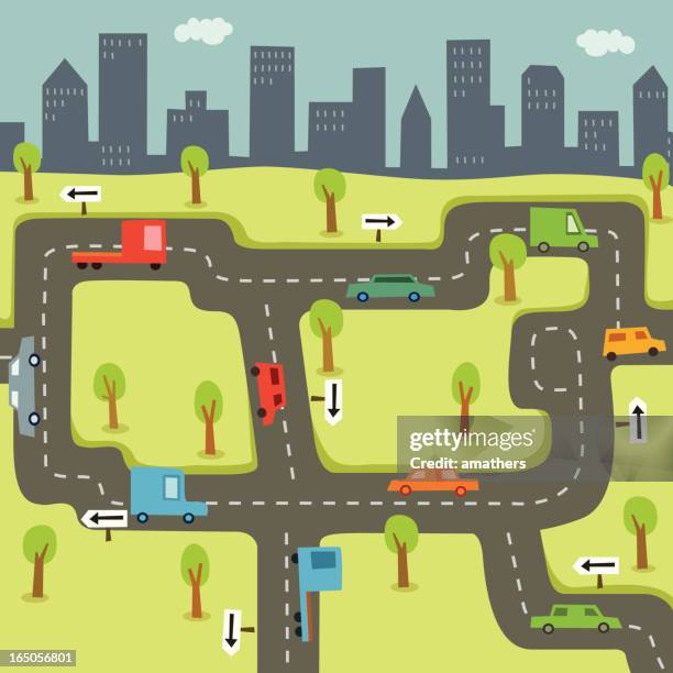 cars driving on roads with city skyline background - railway junction stock illustrations