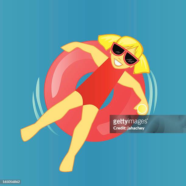 digital art of blonde girl in a pool laying on inner tube - 11 12 years stock illustrations