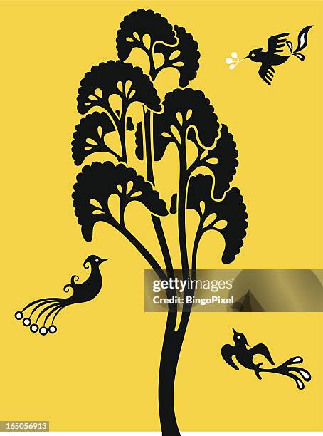 magical tree & birdies - fantasy forest stock illustrations