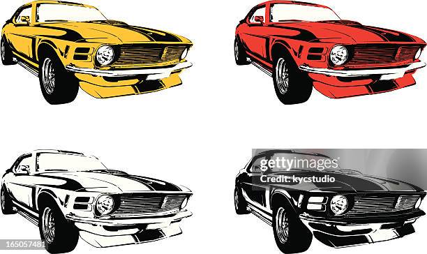 stockillustraties, clipart, cartoons en iconen met four muscle cars - 1970s muscle cars