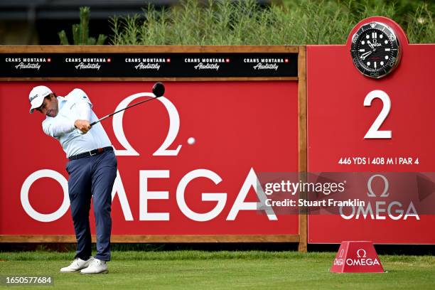 Edoardo Molinari of Italy tees off on the 2nd hole during Day One of the Omega European Masters at Crans-sur-Sierre Golf Club on August 31, 2023 in...