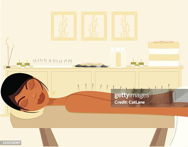 ilustraciones, imágenes clip art, dibujos animados e iconos de stock de acupuntura - mesa de masajes