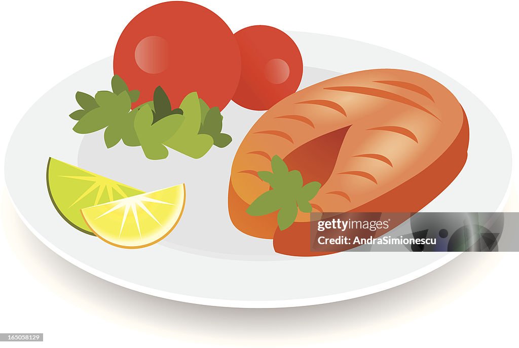 Illustration of a grilled salmon dish on a white background