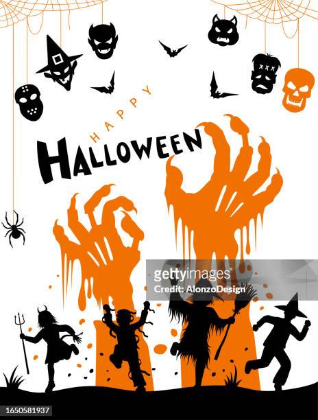 halloween trick or treaters - party with the devil stock illustrations