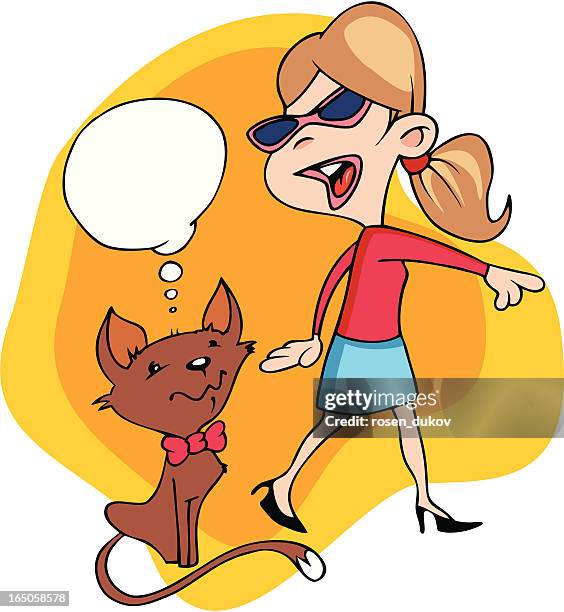 girl training a cat - puppy training stock illustrations