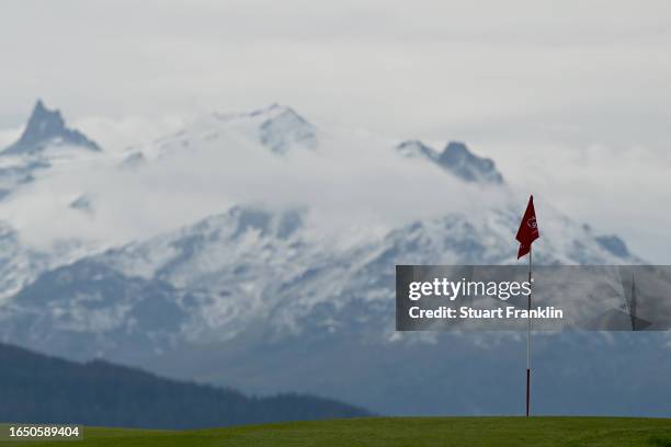 General view of the 7th green during Day One of the Omega European Masters at Crans-sur-Sierre Golf Club on August 31, 2023 in Crans-Montana,...