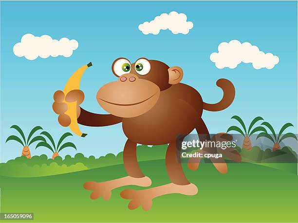 monkey holding banana - monkey tail stock illustrations