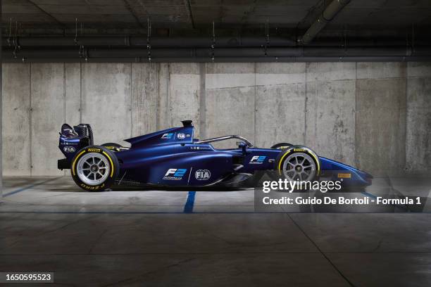 The 2024 Formula 2 car is pictured during the Formula 2 2024 car reveal at Dallara Headquarters on August 30, 2023 in Parma, Italy.