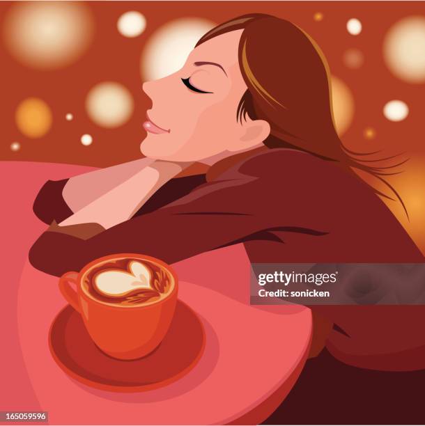 girl in love with coffee - latte art stock illustrations