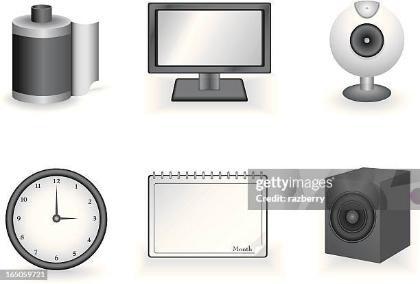 three deminsional web icons - black and white - film canister stock illustrations
