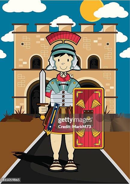 roman soldier with fort background - roman soldier cartoon stock illustrations