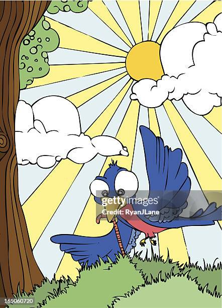 vector cartoon bird in park eating a worm - early bird stock illustrations