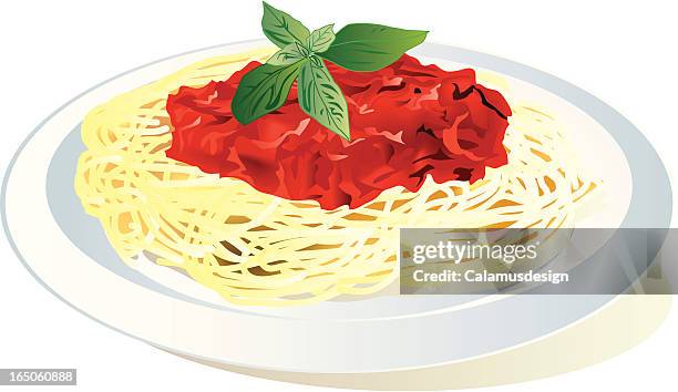 stockillustraties, clipart, cartoons en iconen met dish with spaghetti and tomato sauce on top - basil