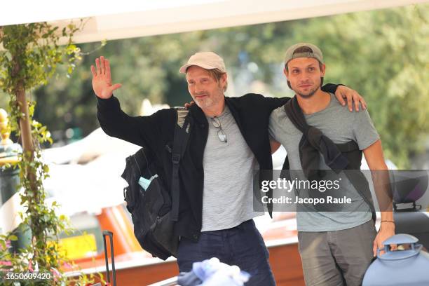 Mads Mikkelsen and Carl Jacobsen Mikkelsen are seen arriving at the 80th Venice International Film Festival 2023 on August 31, 2023 in Venice, Italy.