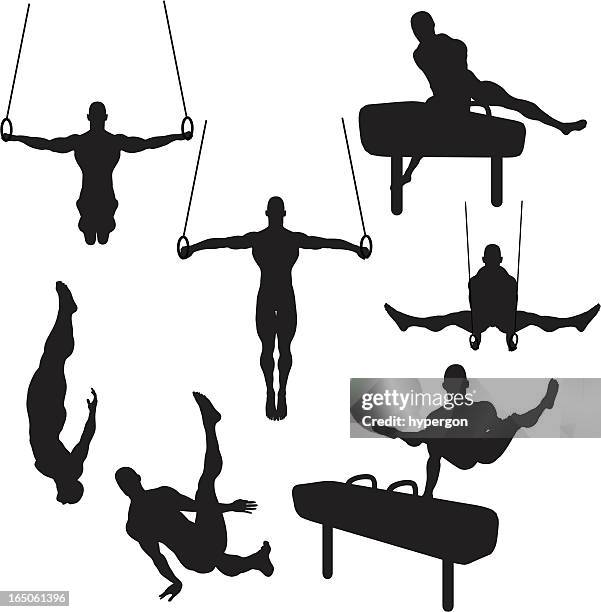 male gymnastics silhouette collection (vector+raster) - gymnastics stock illustrations