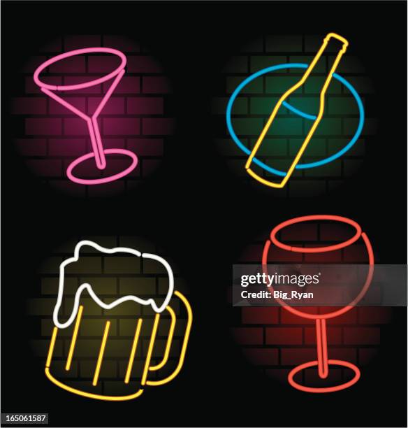 ilustraciones, imágenes clip art, dibujos animados e iconos de stock de bebida de neón - eventos sociales después del trabajo