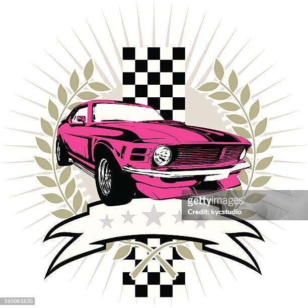 mustang race emblem - 1970s muscle cars stock illustrations