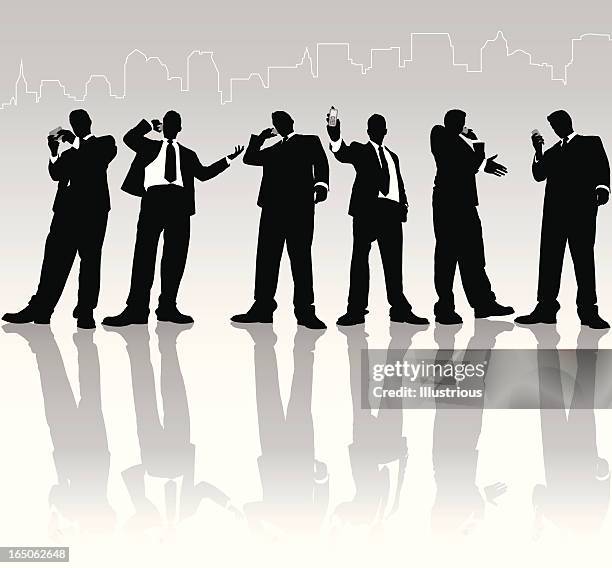 towering businessman cell phone reflection series - skyline stock illustrations