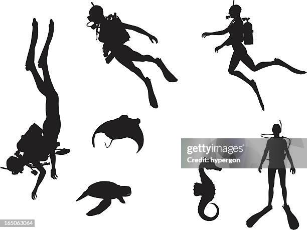 scuba silhouette collection - sea horse stock illustrations