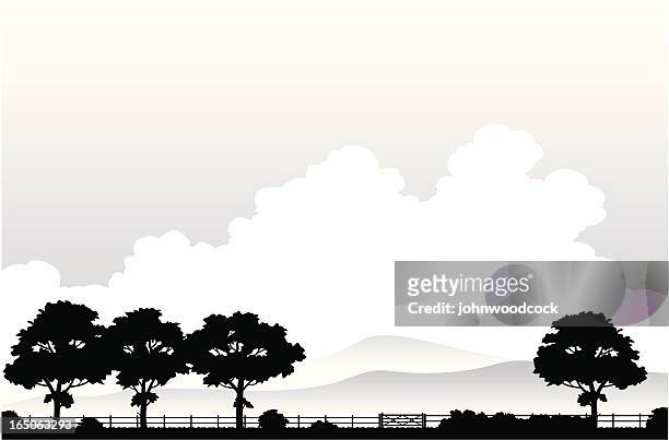 landscape silhouette three - farm fence stock illustrations