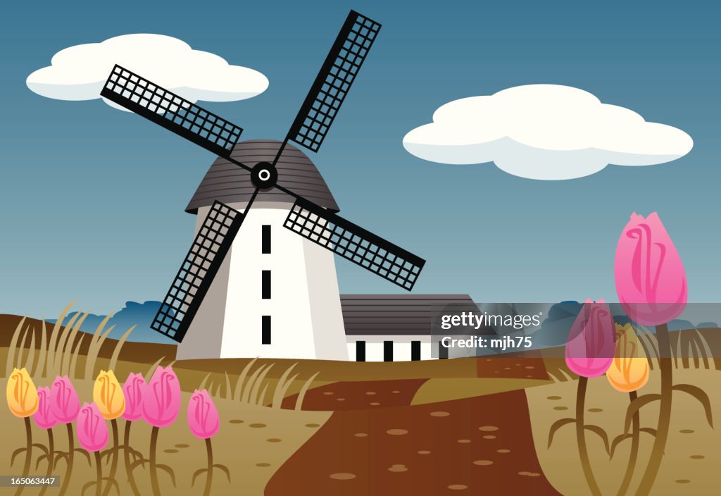 Cartoon picture of a windmill with tulips in the foreground