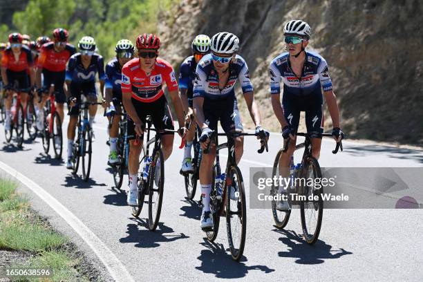 Remco Evenepoel of Belgium - Red Leader Jersey, Pieter Serry of Belgium and James Knox of The United Kingdom and Team Soudal - Quick Step compete...