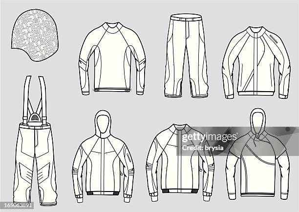 set of snowboard clothes vector outlines - ski jacket stock illustrations