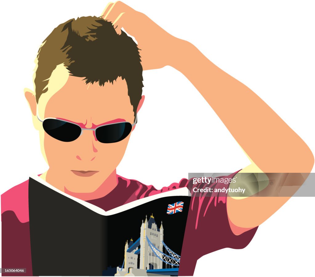 Sketch of man scratching head and reading a London tour book