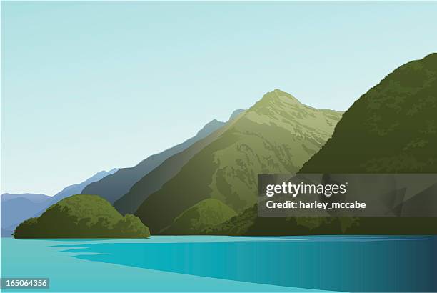 island in doubtful sound - aotearoa stock illustrations