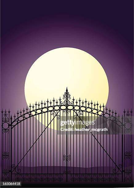 gate with full moon - sleepy hollow cemetery - sleepy hollow new york state stock illustrations
