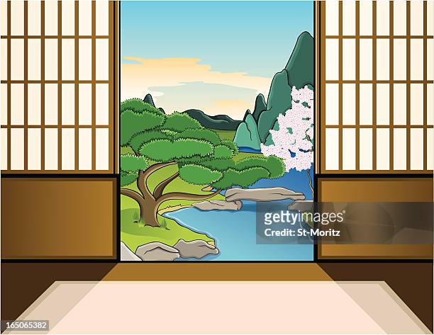 stockillustraties, clipart, cartoons en iconen met inside japanese house looking at a garden - vendeur