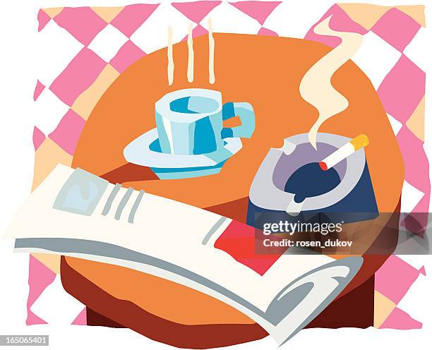 ilustrações de stock, clip art, desenhos animados e ícones de mesa de café da manhã, cigarro e jornais - mesa cafe manha