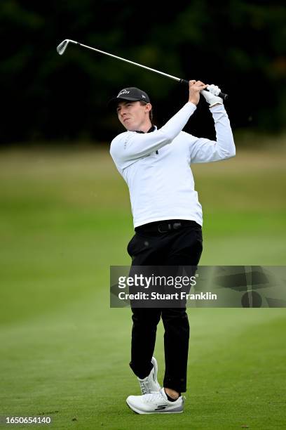 Matt Fitzpatrick of England plays their second shot on the 4th hole during Day One of the Omega European Masters at Crans-sur-Sierre Golf Club on...