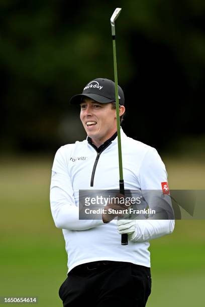 Matt Fitzpatrick of England reacts after playing their second shot on the 4th hole during Day One of the Omega European Masters at Crans-sur-Sierre...