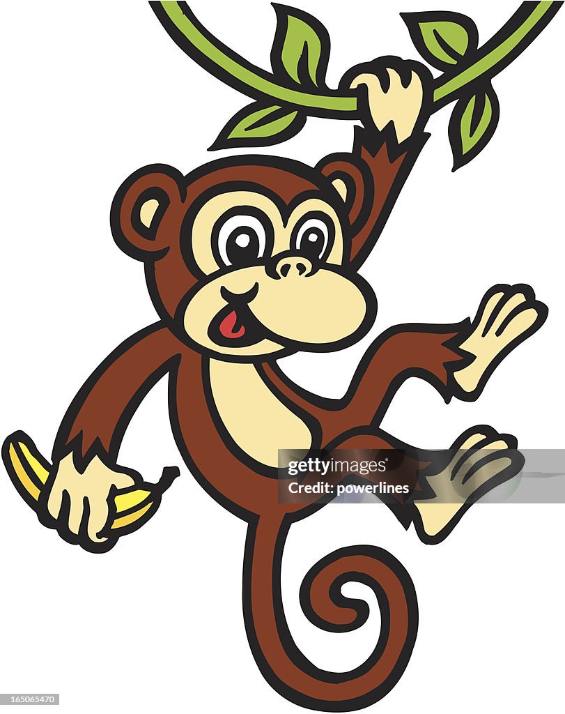 Cartoon image of a monkey swinging from a vine