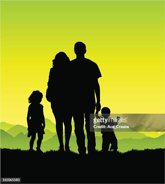 young family in the countryside - kid looking up to the sky stock illustrations