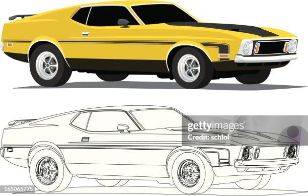 yellow mach1 - old car side view stock illustrations