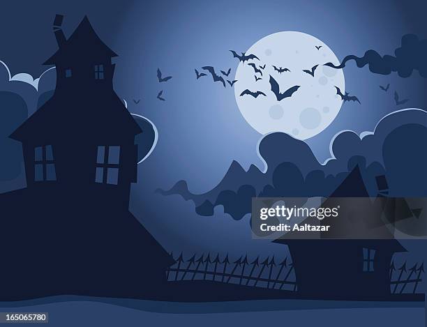 spooky houses - halloween moon stock illustrations