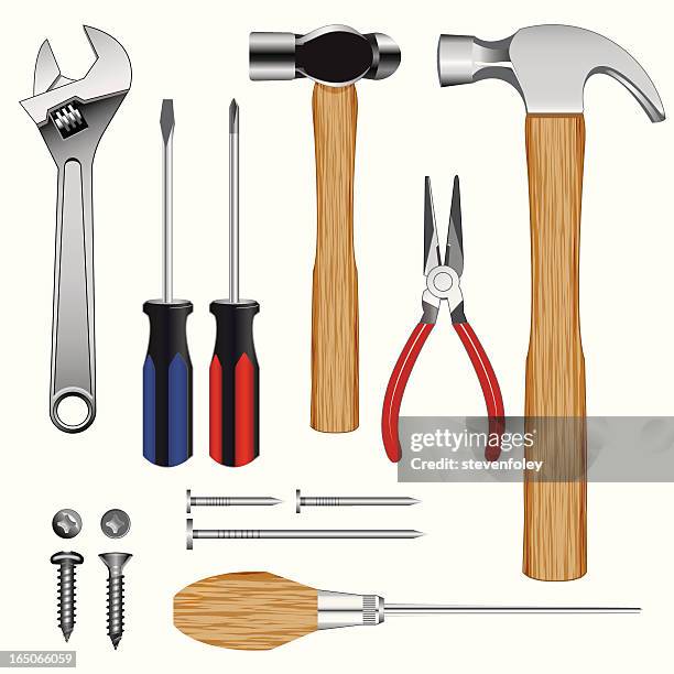 variety of handyman's tools neatly laid out on white - awl stock illustrations