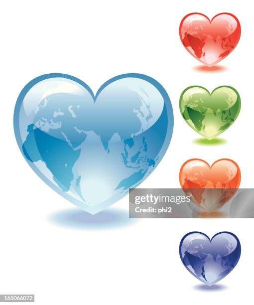 glass hearts with world map vector - shiny ball with shadow stock illustrations