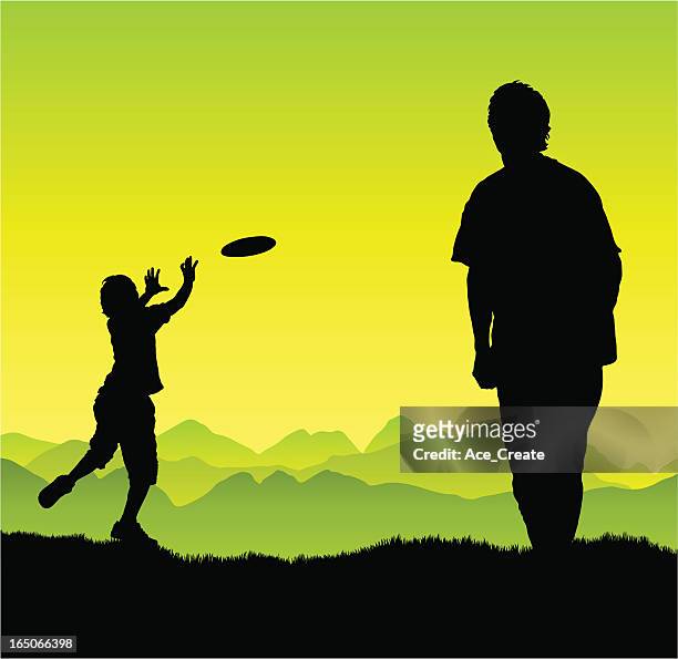 man and boy play frisbee - family park stock illustrations