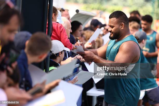 Taniela Tupou with fans during an Australia Wallabies training session ahead of the Rugby World Cup France 2023, at Stade Roger Baudras on August 31,...