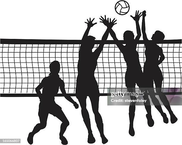 of people jumping for volleyball in front of net - beach volleyball stock illustrations